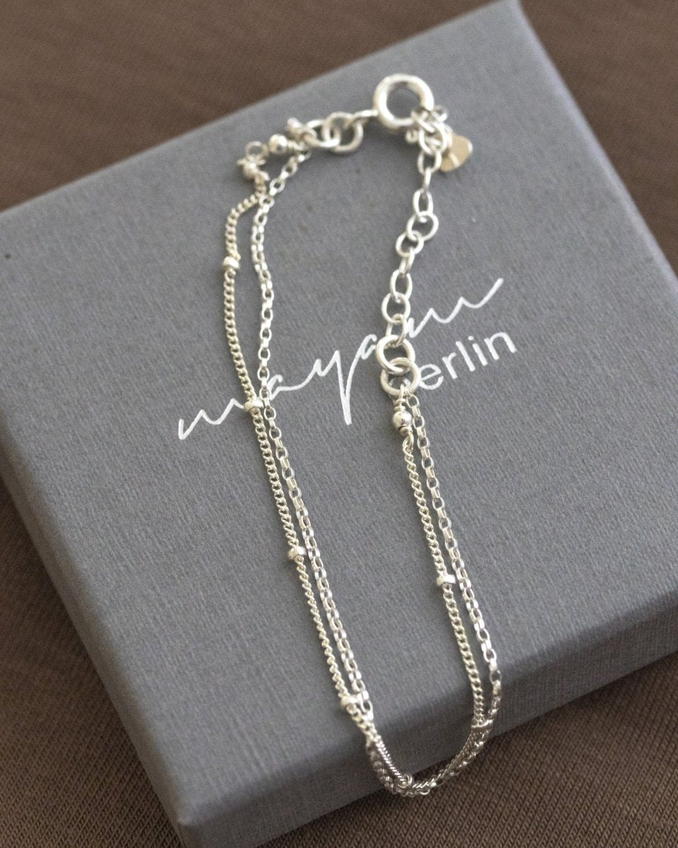 Ein doppelreihiges Silber-Armband liegt auf einem grauen Schmucketui.