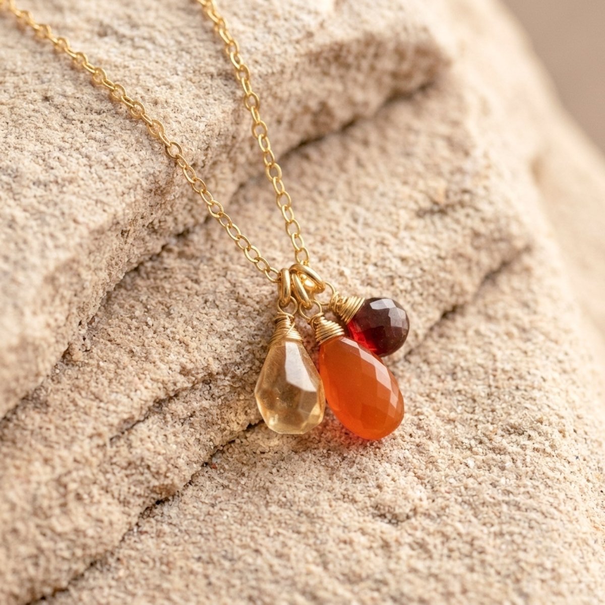 Zierliche Goldkette mit Citrin-, Karneol- und Granat-Anhänger auf Steinplatten ausgelegt.