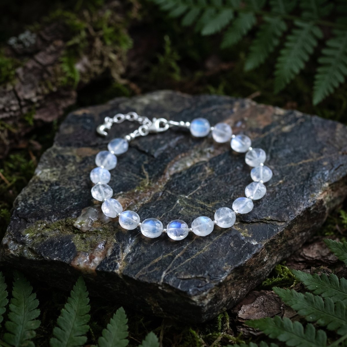 925 Silber-Armband mit runden Mondsteinen auf Steinplatte ausgelegt.