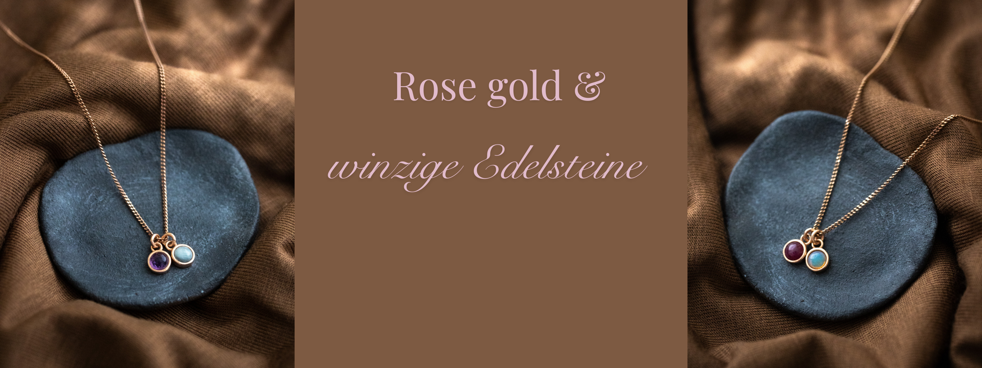 zwei rosegoldene Halsketten mit winzigen, runden Edelsteinanhängern