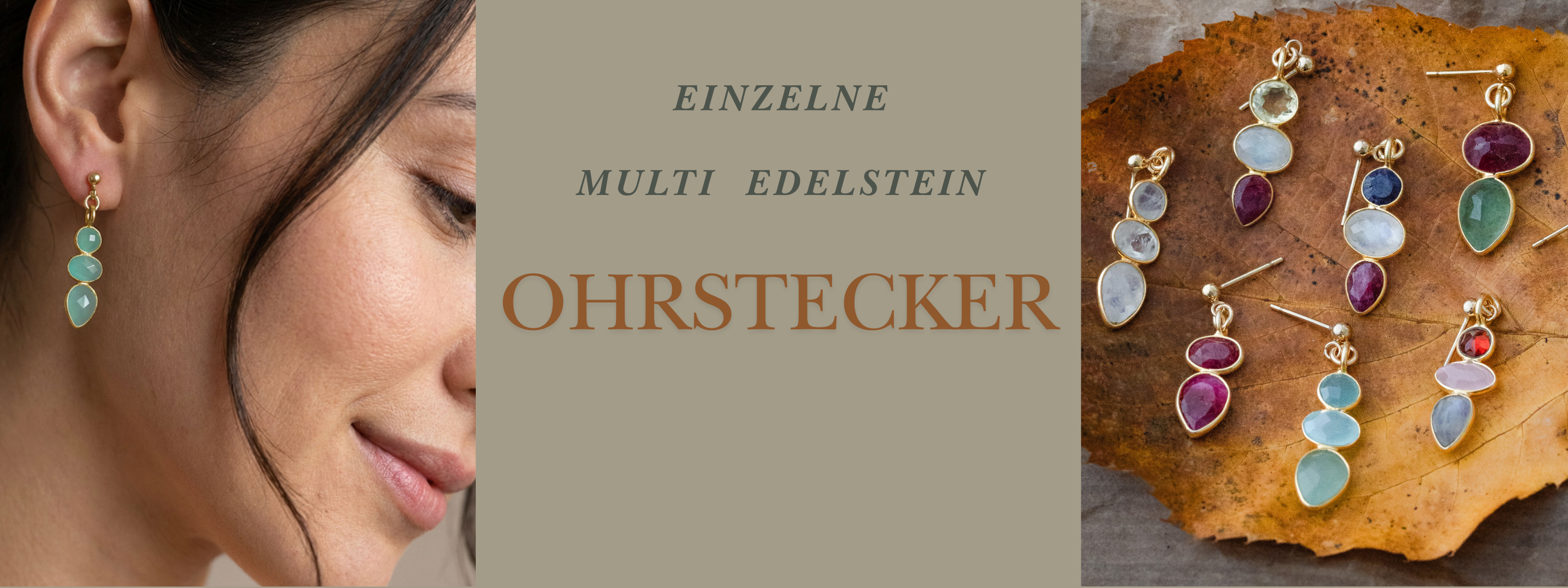 Links ein langer Aqua Chalcedon-Ohrstecker am Ohr einer Frau und rechts sieben Multi-Edelstein Ohrstecker auf einem Baumblatt.
